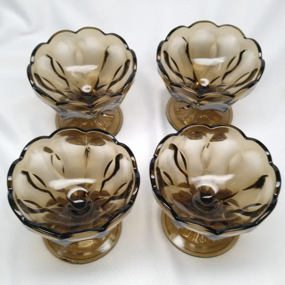 Anchor Hocking Fairfield Smoky Brown Glass Dessert Bowls Pedestal Set of 4 -CHIP